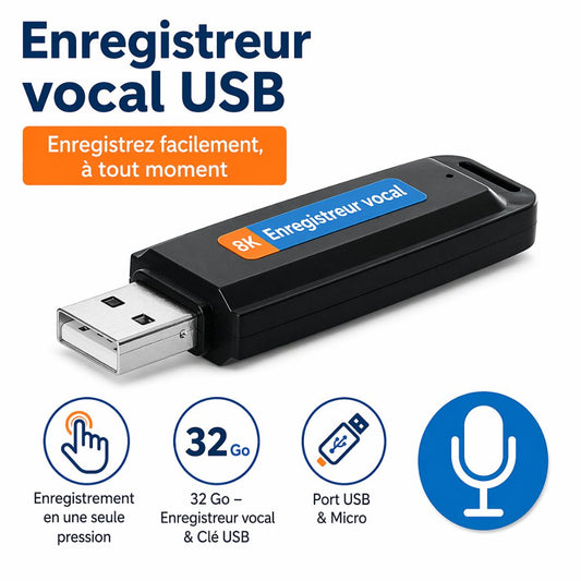 Enregistreur Vocal USB 32Go – Enregistrement Discret en 1 Clic